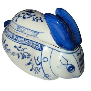 Ceramic Rabbit Trinket Box Home Blue White Good Chinoiserie Bunny
